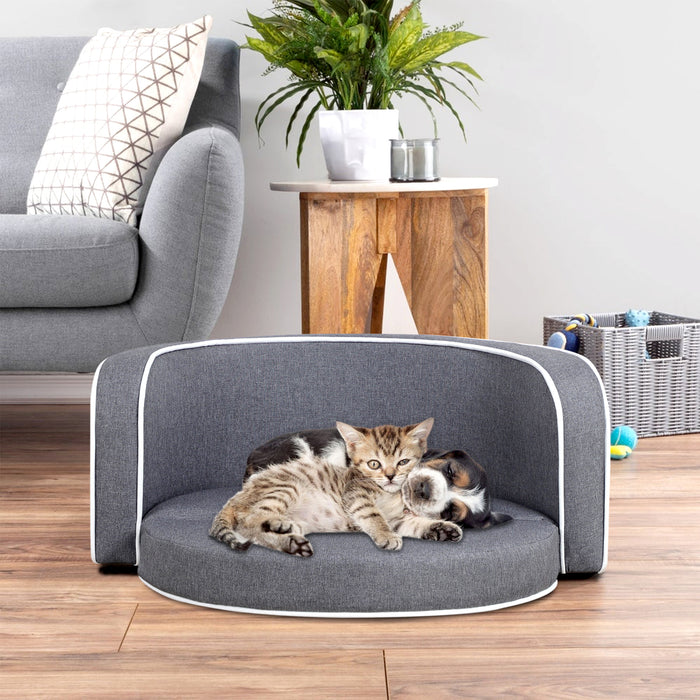 30\" Brown Round Pet Sofa, Dog sofa, Dog bed, Cat Bed, Cat Sofa, with Wooden Structure and Linen Goods White Roller Lines on the Edges Curved Appearance pet Sofa with Cushion
