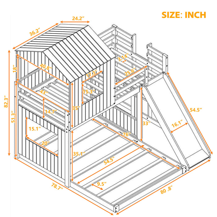 New Space Wooden Twin Over Full Bunk Bed, Loft Bed with Playhouse