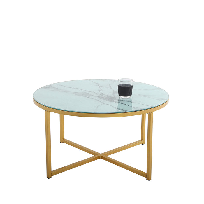 Cross Legs Glass Coffee Table with Metal Base, Marble White Top and Golden