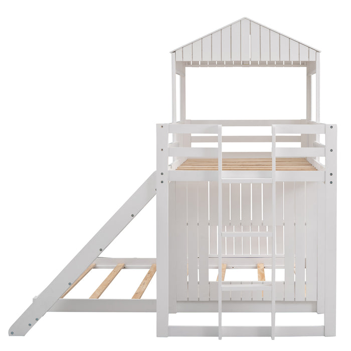 New Space Wooden Twin Over Full Bunk Bed, Loft Bed with Playhouse