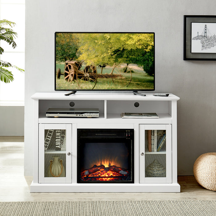 Modern Electric Fireplace TV Stand, Fit up to 55" Flat Screen TV with 2 Tempered Glass Storage Cabinet and Adjustable Shelves Wood Veneer TV Console for Living Room, White