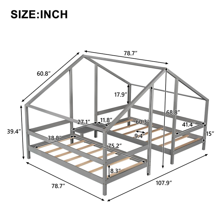Double Twin Size Triangular House Beds with Built-in Table