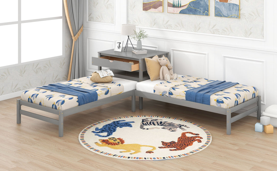 Grenco Twin Size L-Shaped Platform Beds with Drawers