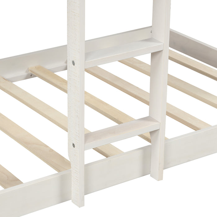 Twin Over Twin Bunk Bed Wood Loft Bed with Roof, Window, Guardrail, Ladder