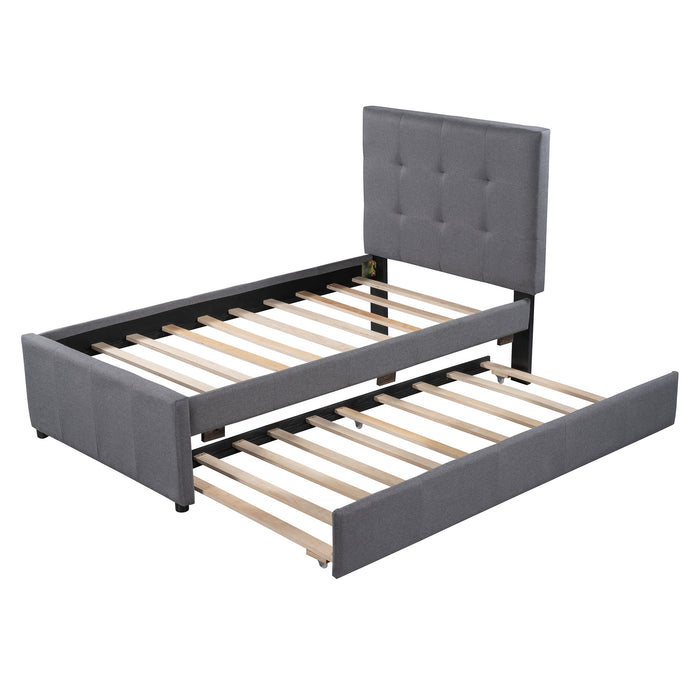 Linen Upholstered Platform Bed With Headboard and Trundle, Twin