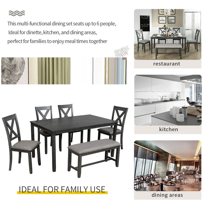 6-Piece Kitchen Dining Table Set Wooden Rectangular Dining Table, 4 Dining Chairs and Bench Family Furniture for 6 People