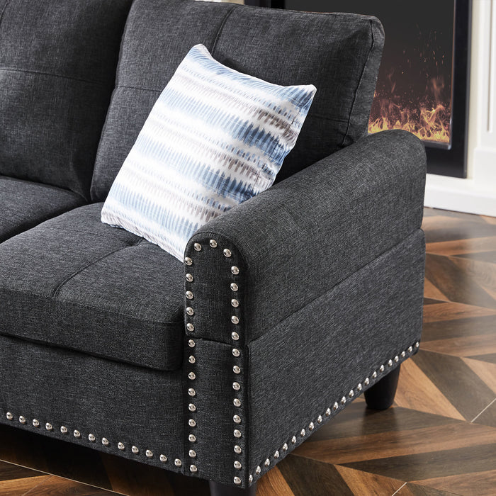 Modern Sectional Sofa Set with Chaise Lounge and Storage Ottoman 6 Seat Corner Sectional Black L Shaped Living Room Couch with Cupholder, Arm with nail, Right chaise