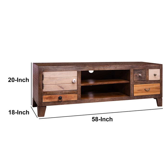DunaWest 57 Inch 4 Drawer Media Console Cabinet with 1 Door and 2 Open Compartments, Brown