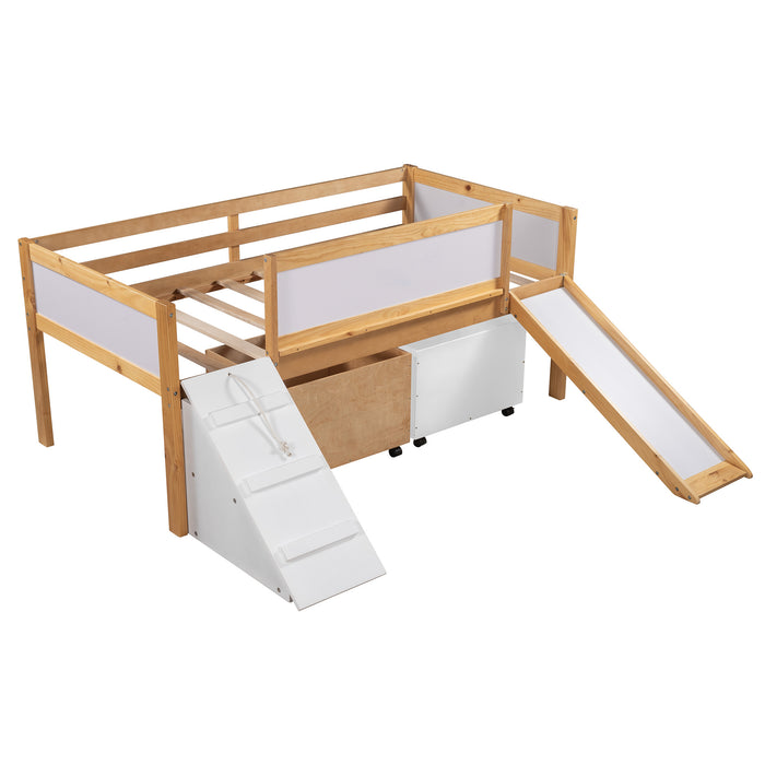 New Space Twin size Low Loft Bed Wooden Bed with Two Storage Boxes
