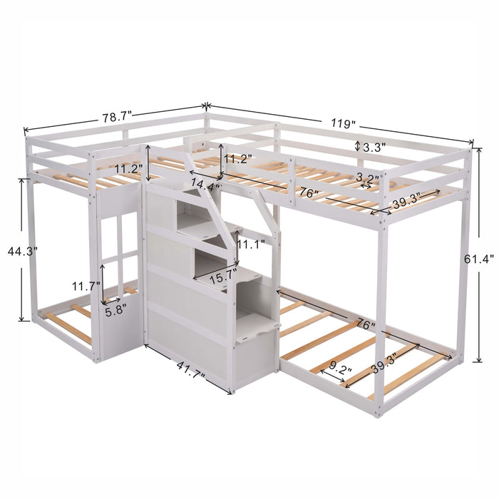 Twin over Twin L-Shaped Bunk Bed with Built-in Middle Staircase