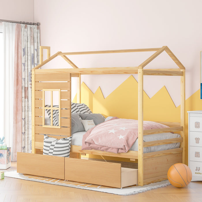 Twin Size House Bed Wood Bed with Two Drawers
