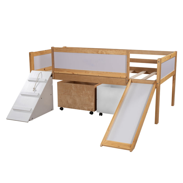 New Space Twin size Low Loft Bed Wooden Bed with Two Storage Boxes