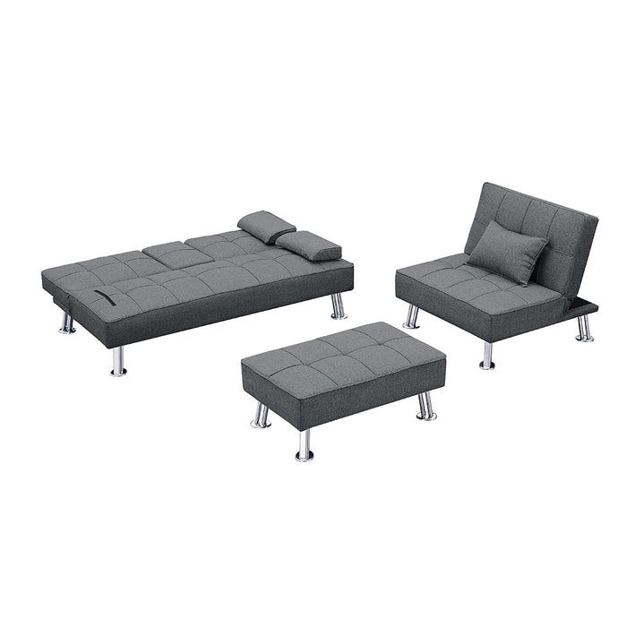 Fabric Folding Sofa Bed with 2 Cup Holders, Removable Armrest and Metal Legs, Single Sofa Bed with Ottoman,3 pcs for 1 sets