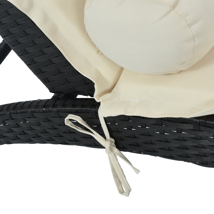 Patio Wicker Sun Lounger, PE Rattan Foldable Chaise Lounger with Removable Cushion and Bolster Pillow, Black Wicker and Beige Cushion