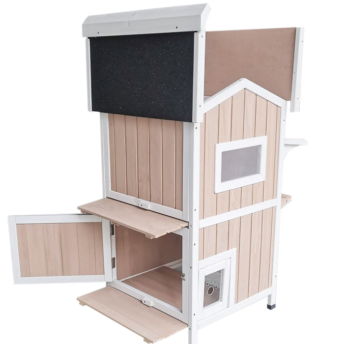 Water-proof 2-story feral cat shelter outdoor wooden small pet animal home with asphalt roof escape doors cat house