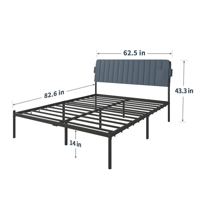 Upholstered Platform Bed Frame Queen Size with Headboard, Grey