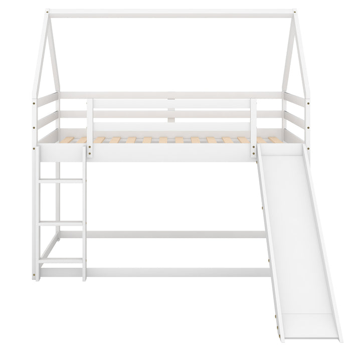 Twin Size Bunk House Bed with Slide and Ladder