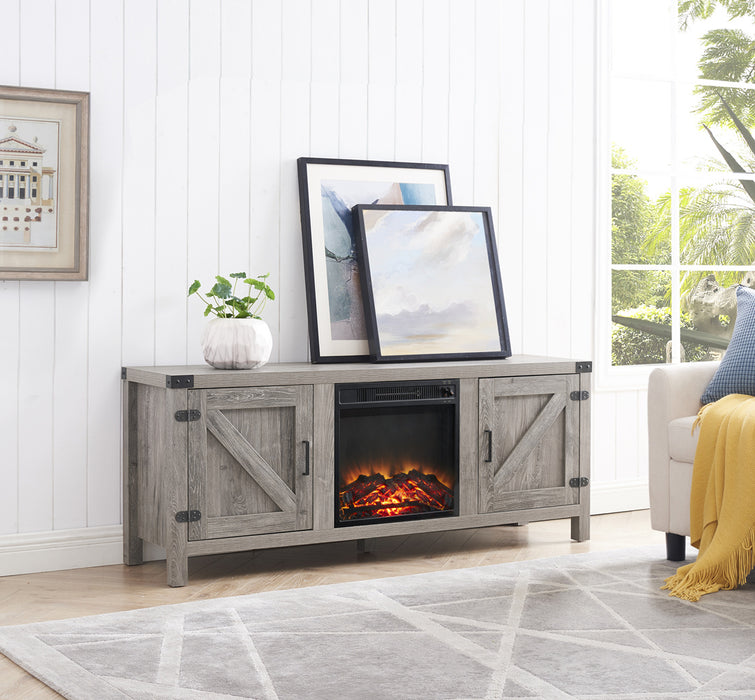 Farmhouse Wood TV Stand and Electric Fireplace, Fit up to 65" Flat Screen TV with Storage Cabinet and Adjustable Shelves Entertainment Center for Living Room, Grey Wash