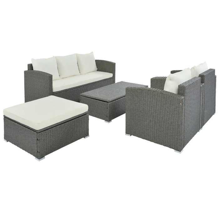 Outdoor Patio 5-Piece All-Weather PE Wicker Rattan Sectional Sofa Set with Multifunctional Table and Ottoman, Gray Wicker+ Beige Cushion
