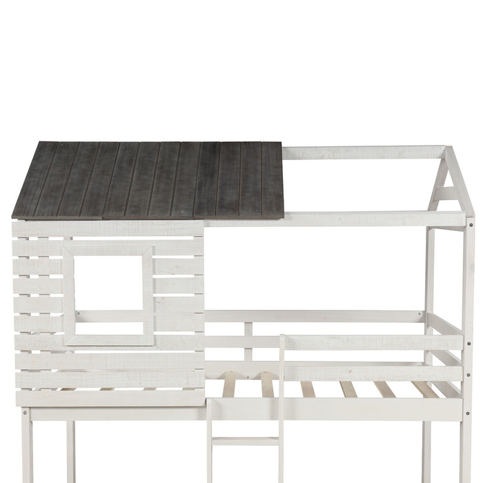 Twin Over Twin Bunk Bed Wood Loft Bed with Roof, Window, Guardrail, Ladder