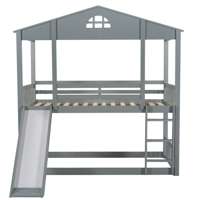 MyRoom Twin Over Twin House Bunk Bed With Convertible Slide And Ladder