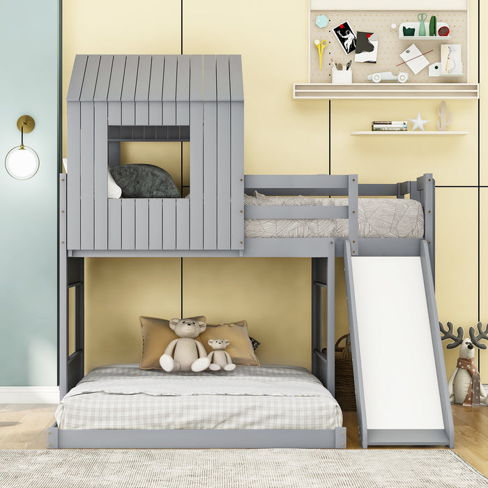 New Space Wooden Twin Over Full Bunk Bed, Loft Bed with Playhouse