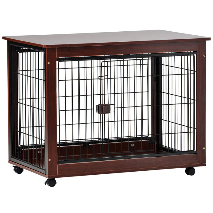 39' Length Furniture Style Pet Dog Crate Cage End Table with Wooden Structure and Iron Wire and Lockable Caters, Medium and Large Dog House Indoor Use.