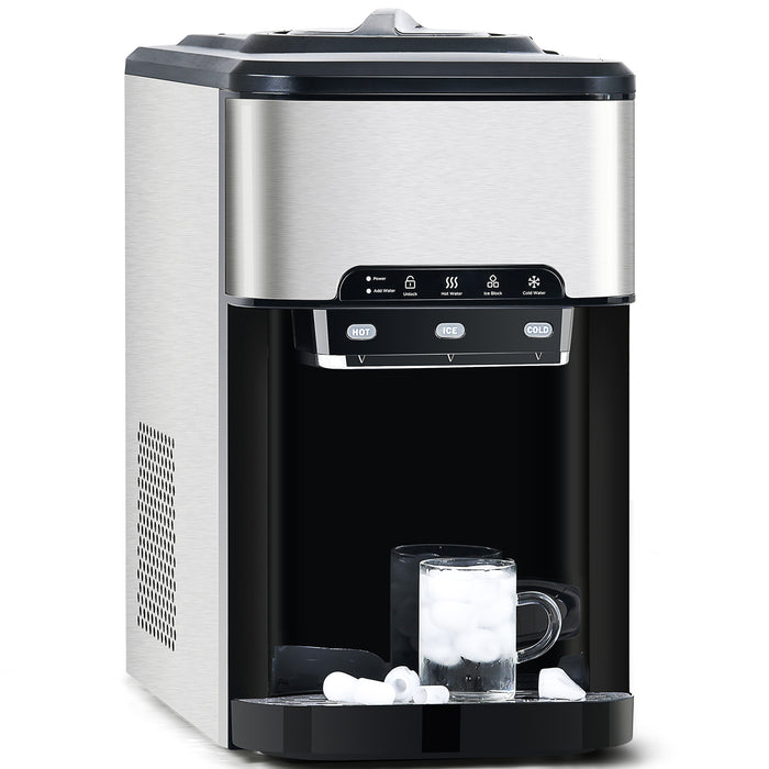 3 in 1 Water Dispenser with Ice Maker Countertop, Portable Water Cooler, Quick 6 Mins Ice-making, Hot & Cold Water and Ice, Top Loading or Bottleless, Stainless Steel