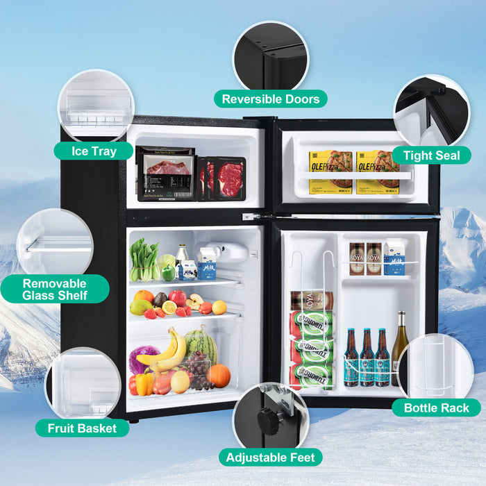 Two-Door Mini Refrigerator 3.2Cu.Ft, Freestanding Mini Fridge with Freezer for Bedroom Office or Dorm, Reversible Door, 7-Level Thermostat Control, Black