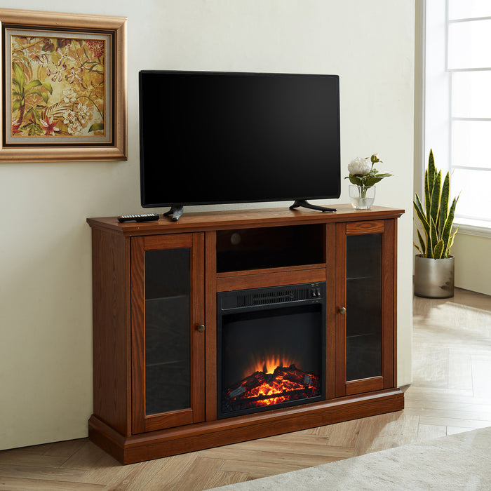 Modern Electric Fireplace TV Stand Fit up to 55" Flat Screen TV with Storage Cabinet Adjustable Tempered Glass Shelves Wood Veneer Tall Entertainment Center for Living Room, Espresso