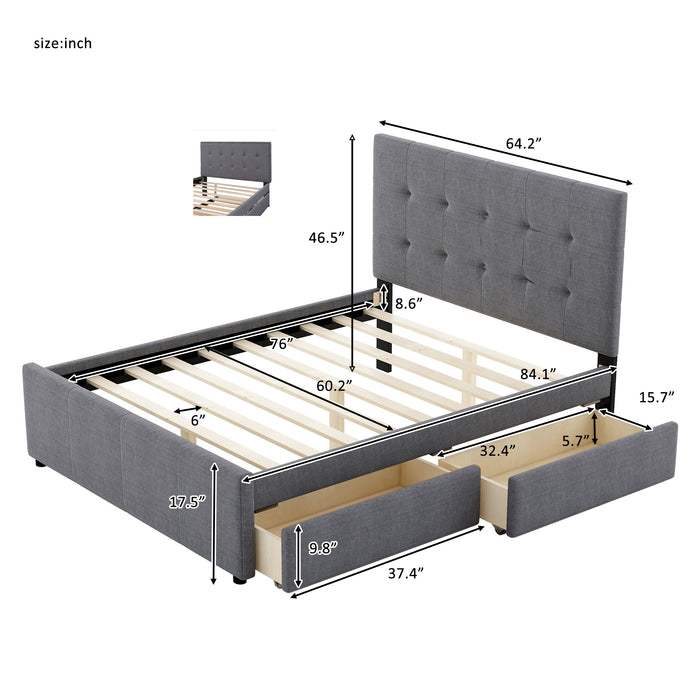 Higgins Queen Size Gray Linen Upholstered Platform Bed With Headboard and Drawers