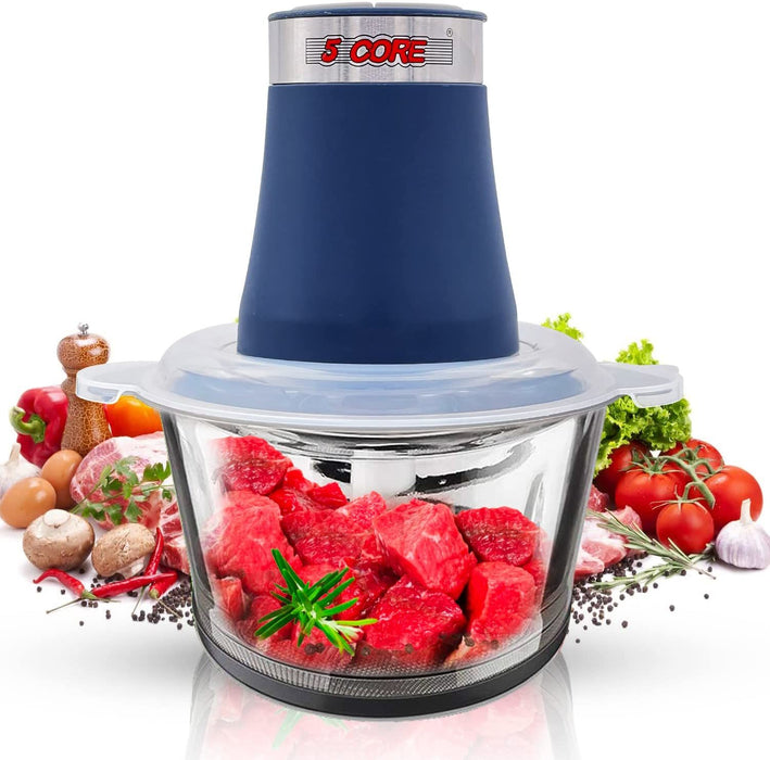 Premium Electric Meat Grinder Food Processor and 4 Titanium Blades, 12 Cup 2.2Qt Glass Strong Bowl for Vegetables Fruit Salad Onion Garlic Meat Ice 300W Motor 5 Core MG S GB