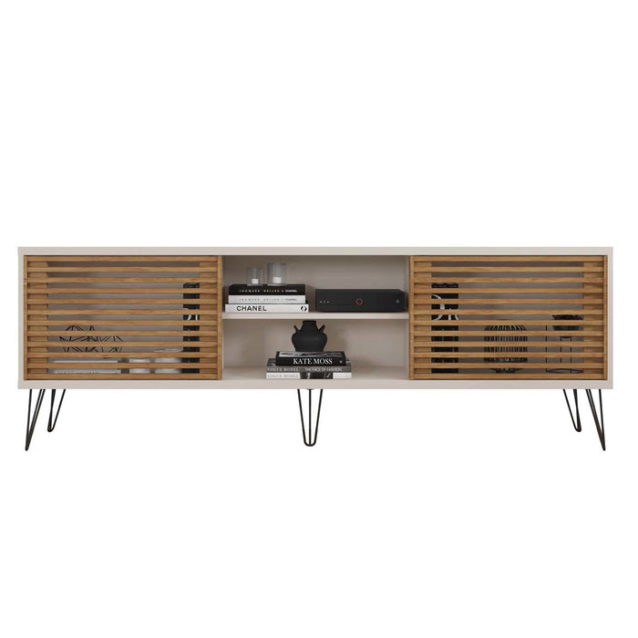 DunaWest Arthur Wooden TV Stand with 2 Slatted Sliding Doors, Brown and Off White