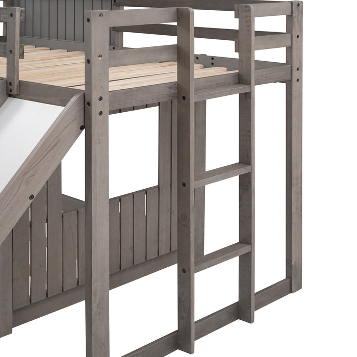 New Space Wooden Twin Over Full Bunk Bed, Loft Bed with Playhouse