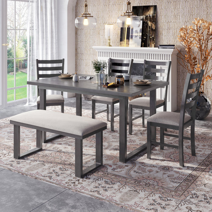 6-Pieces Family Furniture, Solid Wood Dining Room Set with Rectangular Table & 4 Chairs with Bench
