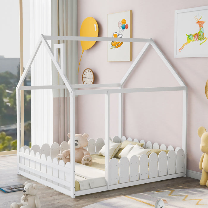 (Slats are not included) Full Size Wood Bed House Bed Frame with Fence, for Kids, Teens, Girls, Boys