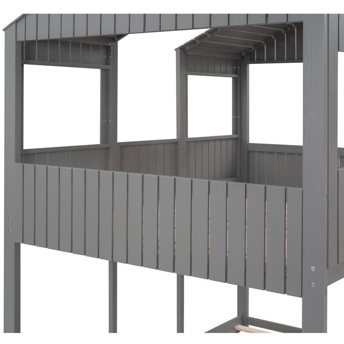 New Space Full Over Full Wood Bunk Bed with Roof Window