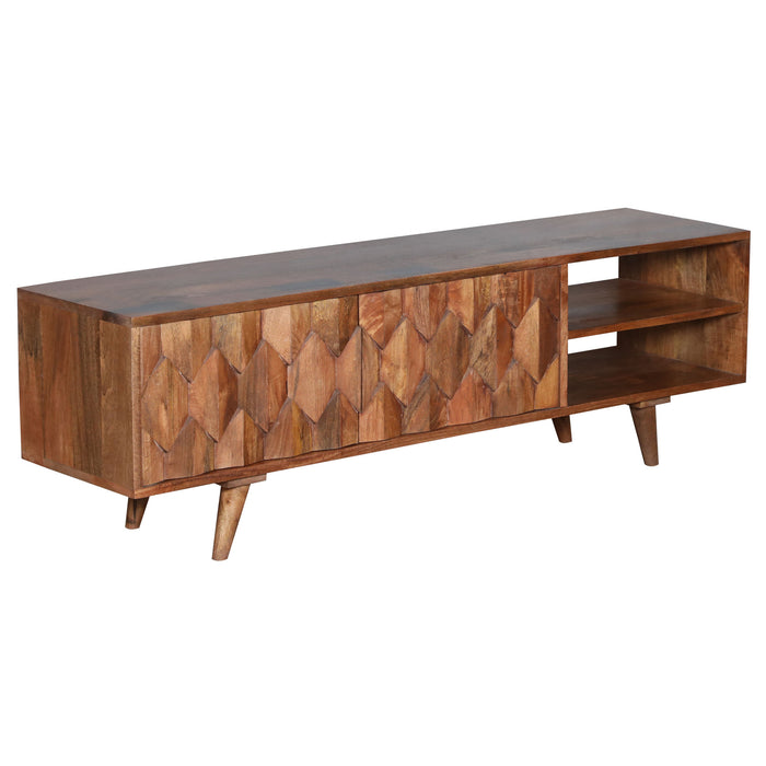 DunaWest Ero 57 Inch Mango Wood Media Console TV Cabinet, 2 Honeycomb Inlaid Doors, Natural Brown