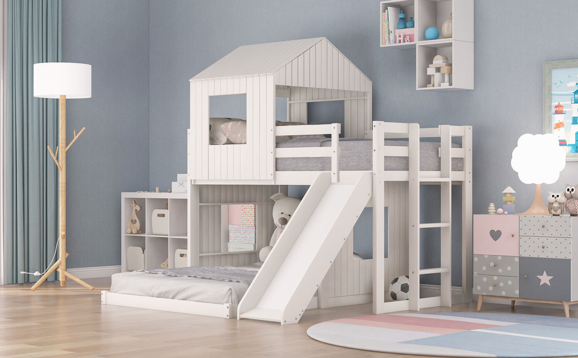 New Space Wooden Twin Over Full Bunk Bed, Loft Bed with Playhouse