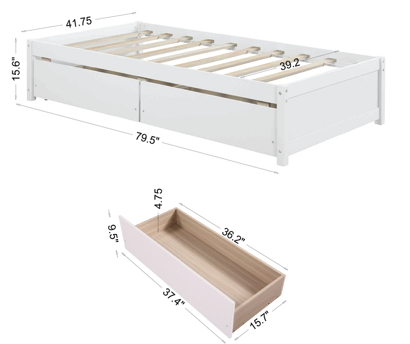 Twin Bed with 2 Drawers, Solid Wood, No Box Spring Needed ,White