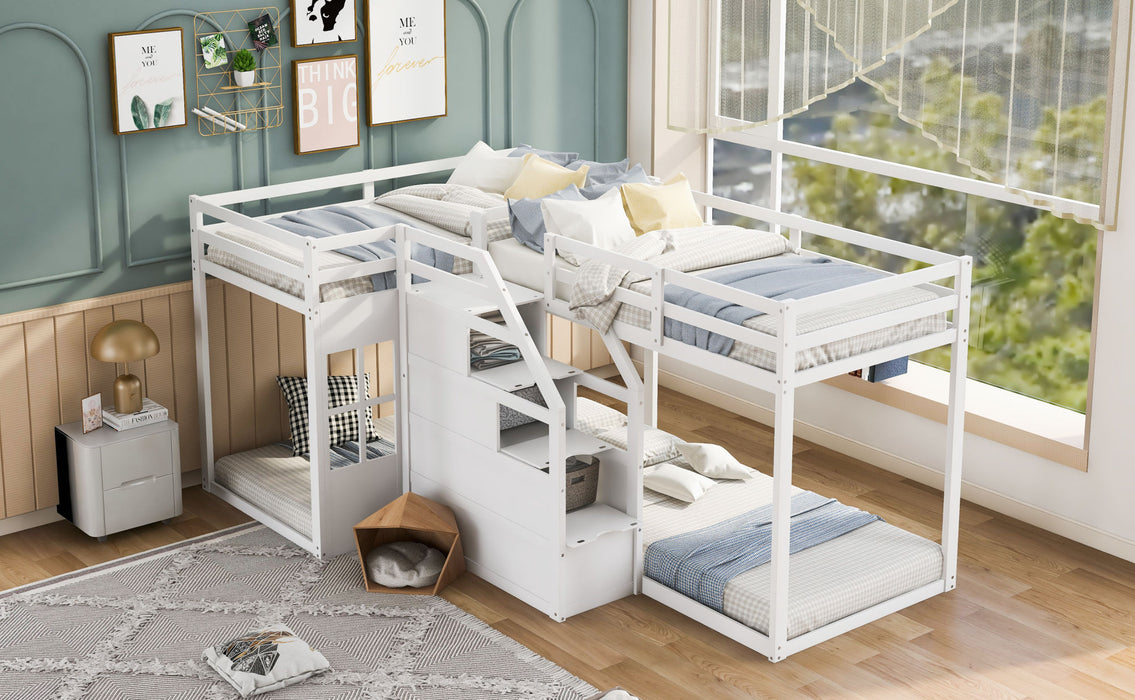 Twin over Twin L-Shaped Bunk Bed with Built-in Middle Staircase