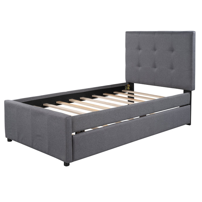 Linen Upholstered Platform Bed With Headboard and Trundle, Twin