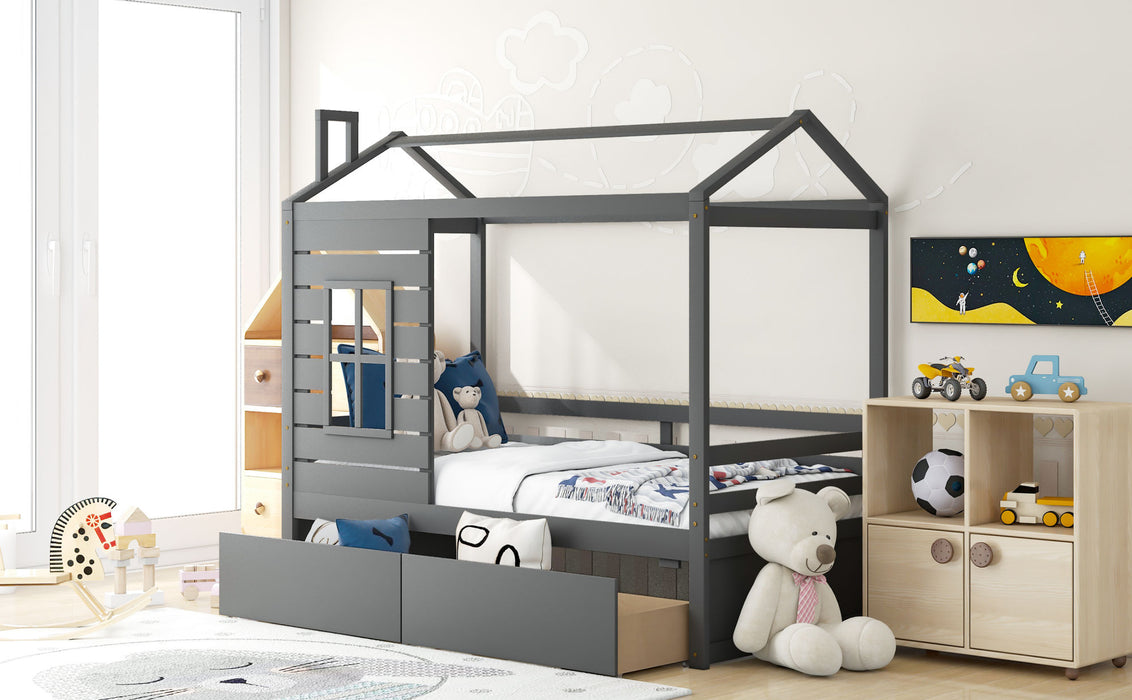 Twin Size House Bed Wood Bed with Two Drawers
