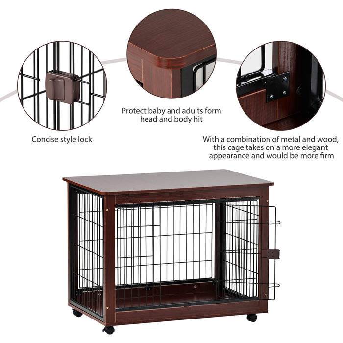 39' Length Furniture Style Pet Dog Crate Cage End Table with Wooden Structure and Iron Wire and Lockable Caters, Medium and Large Dog House Indoor Use.