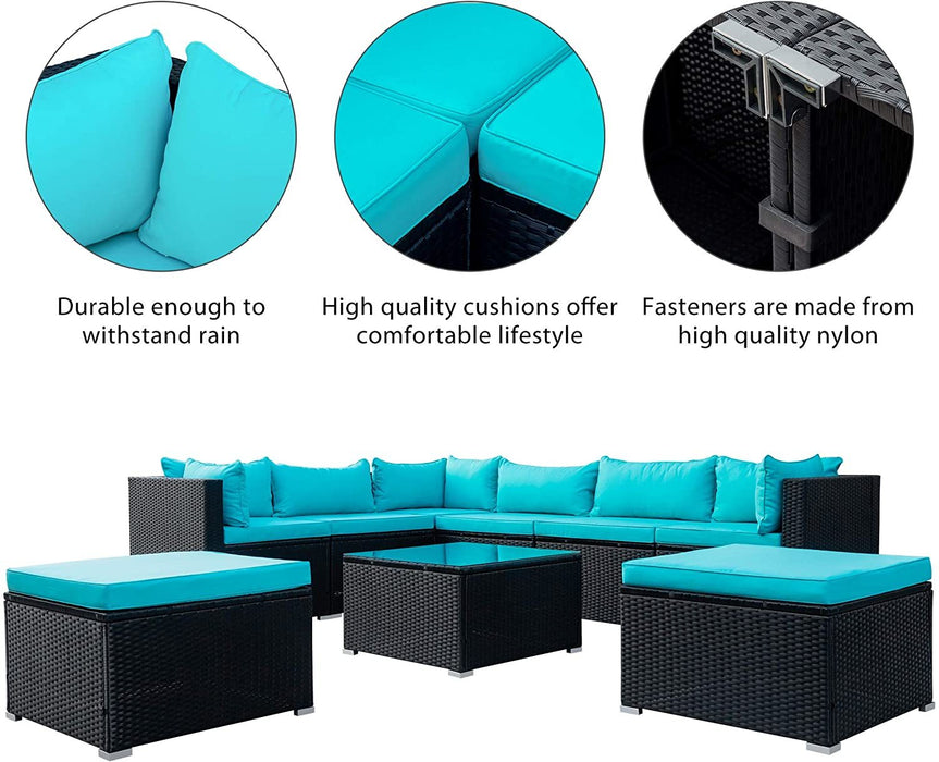 9-piece Outdoor Patio PE Wicker Rattan conversation Sectional Sofa sets with 3 sofa, 3 corner sofa, 2 ottomans, and 1 glass coffee table, removable soft cushions