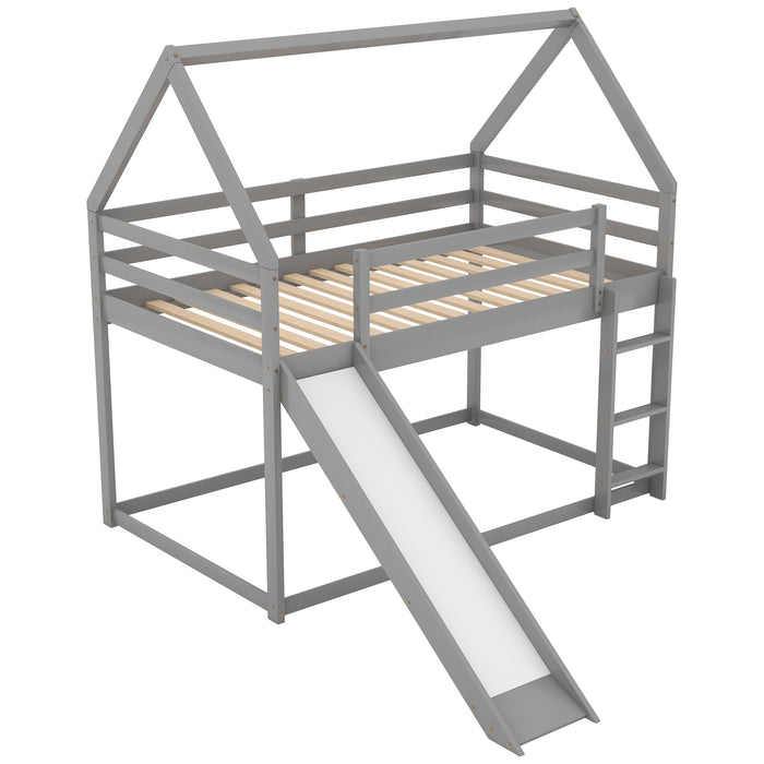 Twin over Twin Low Bunk Bed, House Bed with Ladder , White