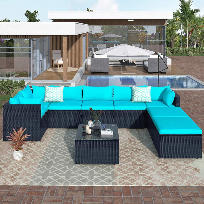 9-piece Outdoor Patio PE Wicker Rattan conversation Sectional Sofa sets with 3 sofa, 3 corner sofa, 2 ottomans, and 1 glass coffee table, removable soft cushions