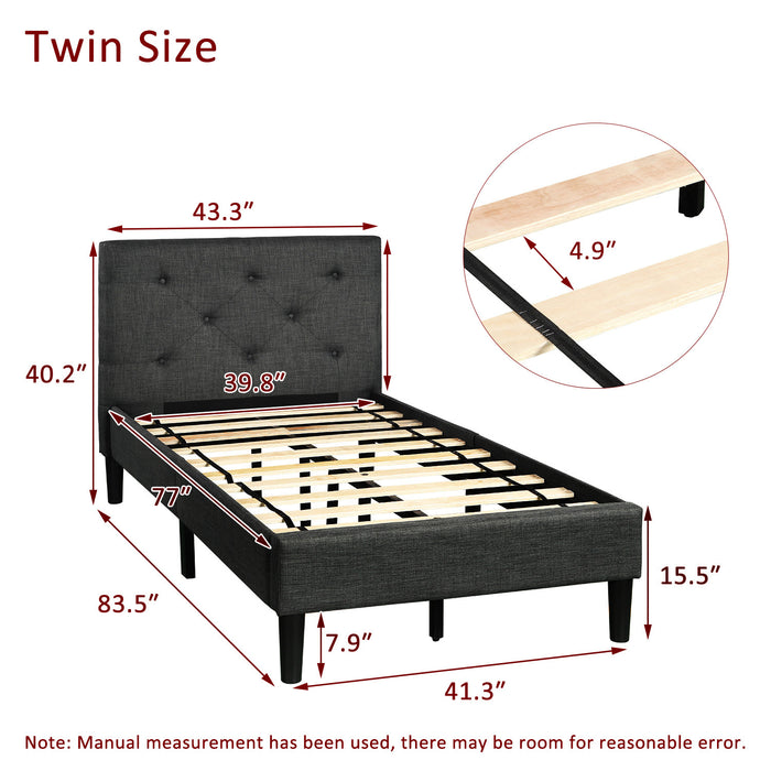 Upholstered Button Tufted Platform Bed with Strong Wood Slat Support (Twin, Gray) RT
