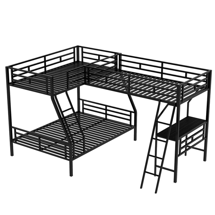 Twin over Full Bunk Bed with a Twin Size Loft Bed attached, with a Desk, Metal