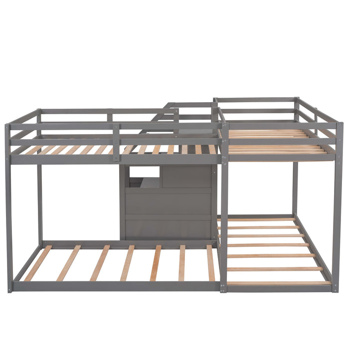 Twin over Twin L-Shaped Bunk Bed with Built-in Middle Staircase